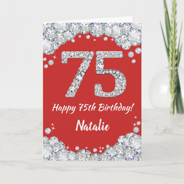 Happy 75th Birthday Red and Silver Glitter Card (Front)