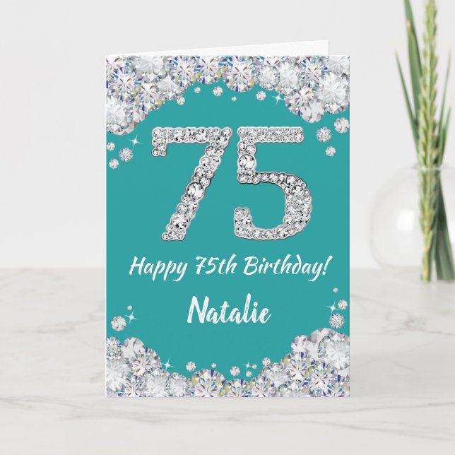 Happy 75th Birthday Teal and Silver Glitter Card (Front)