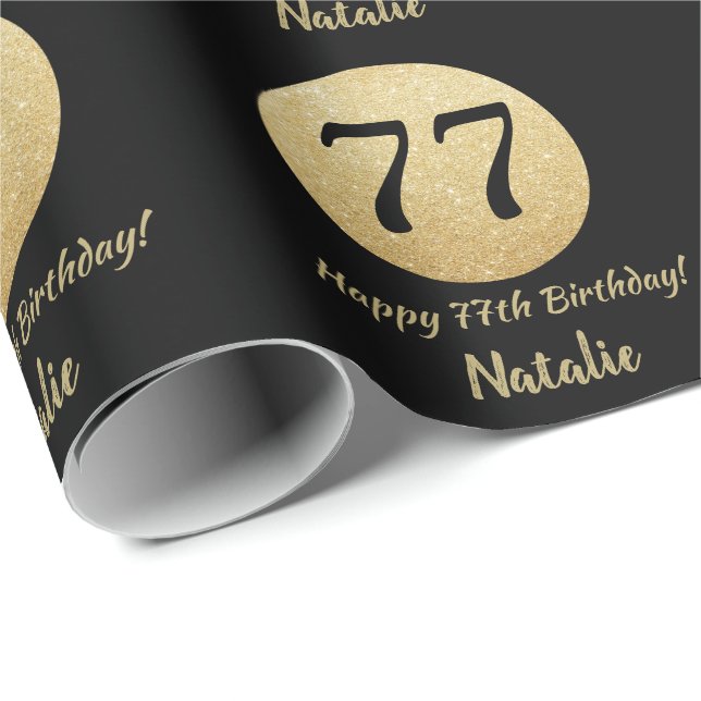 Happy 77th Birthday Black and Gold Glitter Wrapping Paper (Roll Corner)