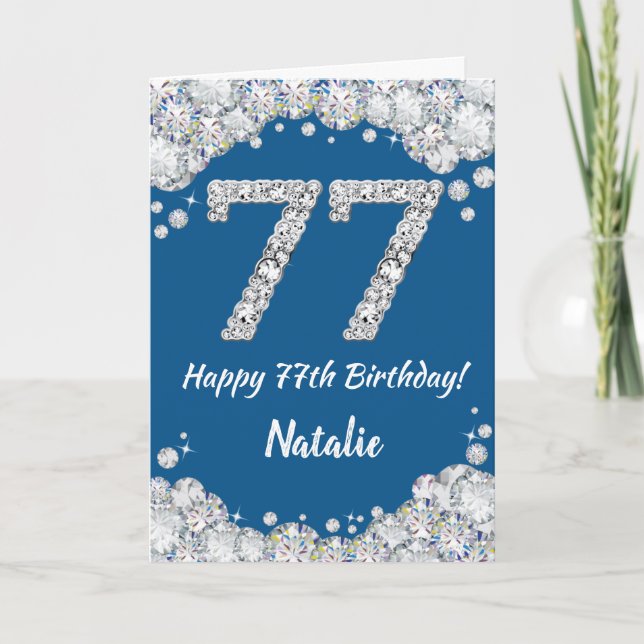 Happy 77th Birthday Blue and Silver Glitter Card (Front)