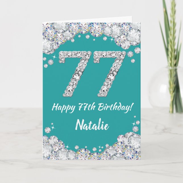 Happy 77th Birthday Teal and Silver Glitter Card (Front)
