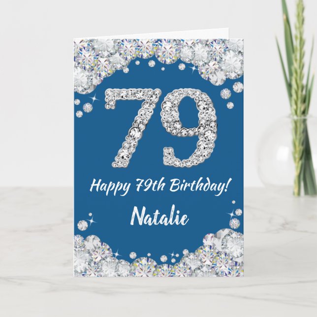 Happy 79th Birthday Blue and Silver Glitter Card (Front)