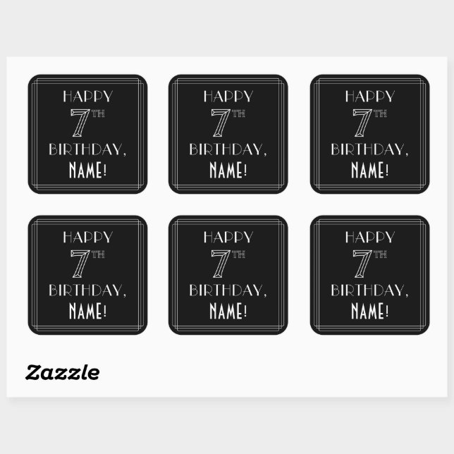 HAPPY 7TH BIRTHDAY; Art Deco Style; Custom Name Square Sticker (Sheet)