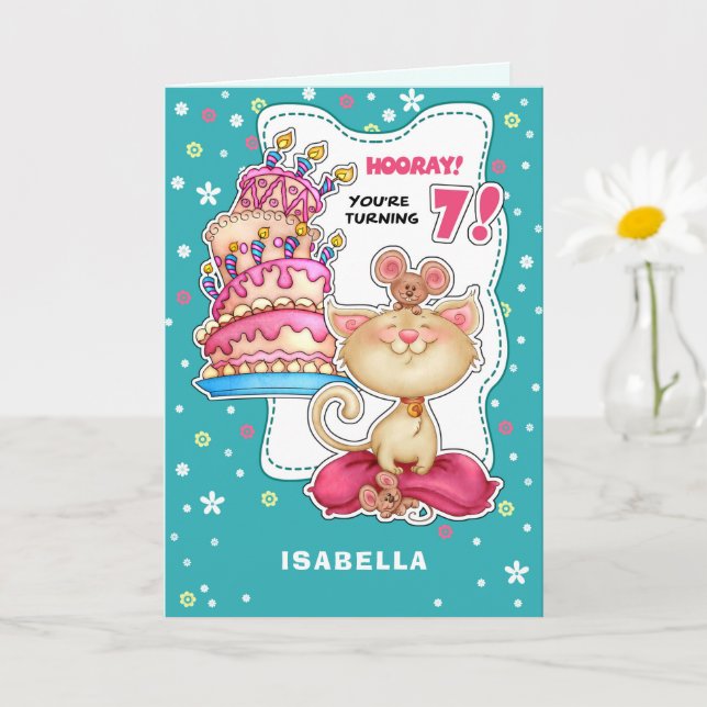 Happy 7th Birthday. Custom Name Fun Kitty and Mice Card (Small Plant)