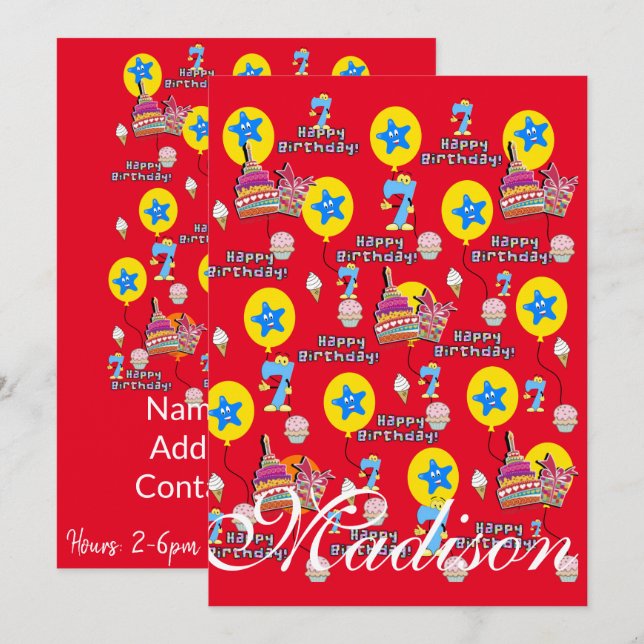 Happy 7th Birthday Invitation Birthday #7 Red (Front/Back)