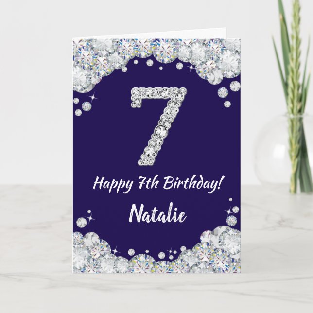 Happy 7th Birthday Navy Blue and Silver Glitter Card (Front)