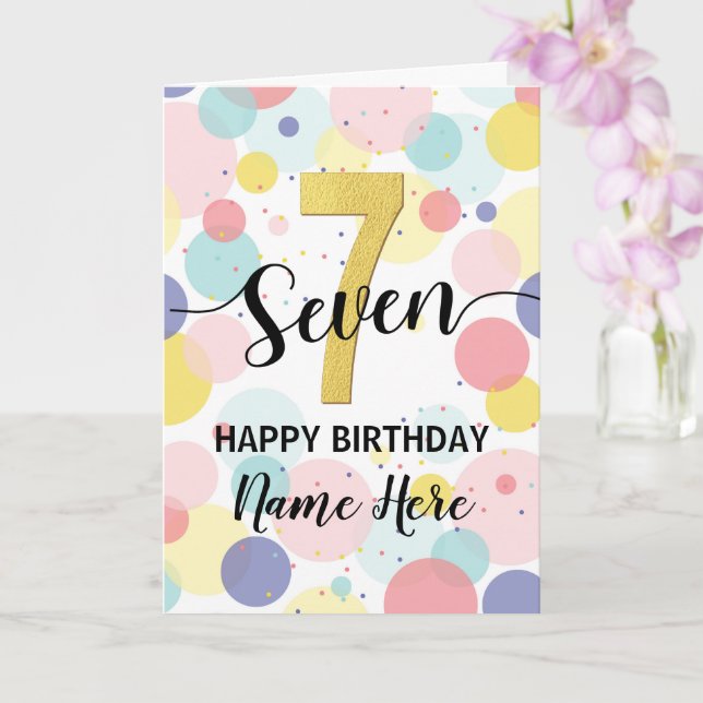 Happy 7th Birthday Pastel Rainbow Gold Girl Card (Orchid)