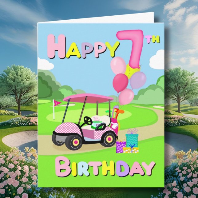 Happy 7th Birthday Polka Dot Pink Girly Golf Card (Creator Uploaded)