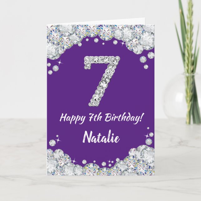 Happy 7th Birthday Purple and Silver Glitter Card (Front)