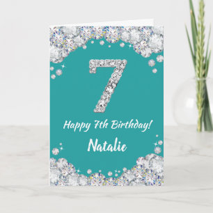 Happy 7th Birthday Teal and Silver Glitter Card