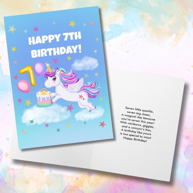 Happy 7th Birthday Unicorn with Birthday Cake Card (Creator Uploaded)