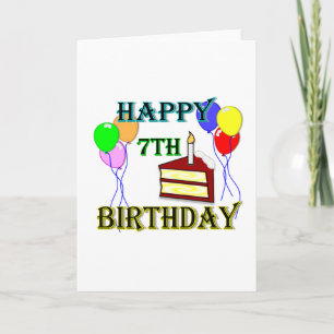 Happy 7th Birthday with Cake, Balloons and Candle Card