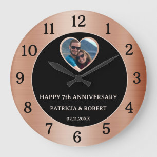Happy 7th Copper Wedding Anniversary Heart Photo Large Clock