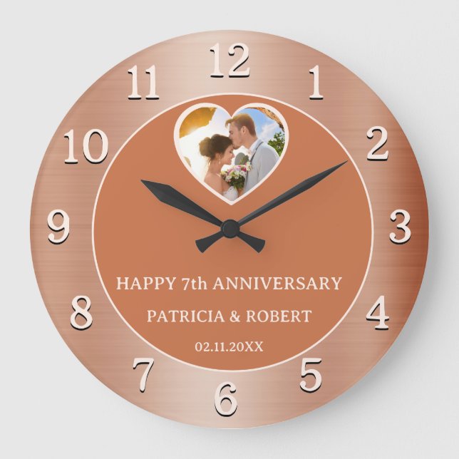 Happy 7th Copper Wedding Anniversary Heart Photo Large Clock (Front)