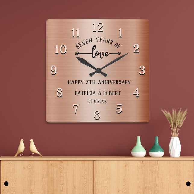 Happy 7th Wedding Anniversary Copper Anniversary Square Wall Clock (Happy 7th Wedding Anniversary Copper Anniversary Square Wall Clock)