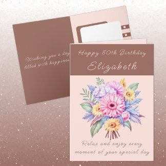 Happy 80th Birthday add name floral brown Card