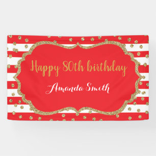 Happy 80th Birthday Banner Red and Gold Glitter