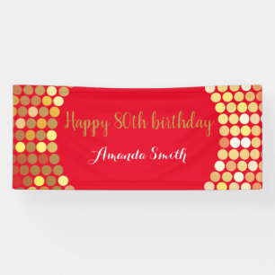 Happy 80th Birthday Banner Red Gold Glitter