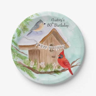 Happy 80th Birthday Birds at Birdhouse Paper Plate