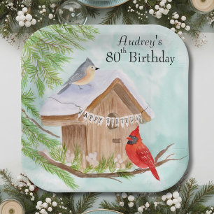  Happy 80th Birthday Birds at Birdhouse Paper Plate