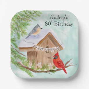Happy 80th Birthday Birds at Birdhouse Paper Plate