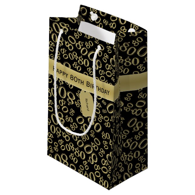 Happy 80th Birthday Black and Gold Number Pattern Small Gift Bag (Front Angled)