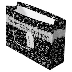 Happy 80th Birthday Black/White Number Pattern Large Gift Bag
