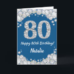 Happy 80th Birthday Blue and Silver Glitter Card<br><div class="desc">Happy 80th Birthday Blue and Silver Glitter Card with personalized name. For further customization,  please click the "Customize it" button and use our design tool to modify this template.</div>