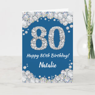 Happy 80th Birthday Blue and Silver Glitter Card