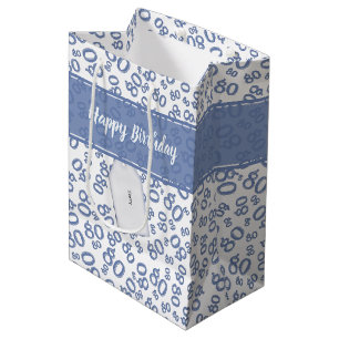 Happy 80th Birthday Blue and White Number Pattern Medium Gift Bag