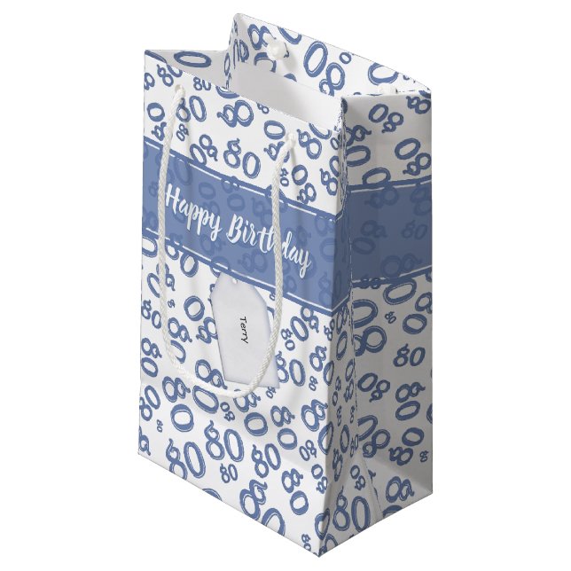 Happy 80th Birthday Blue and White Number Pattern Small Gift Bag (Front Angled)