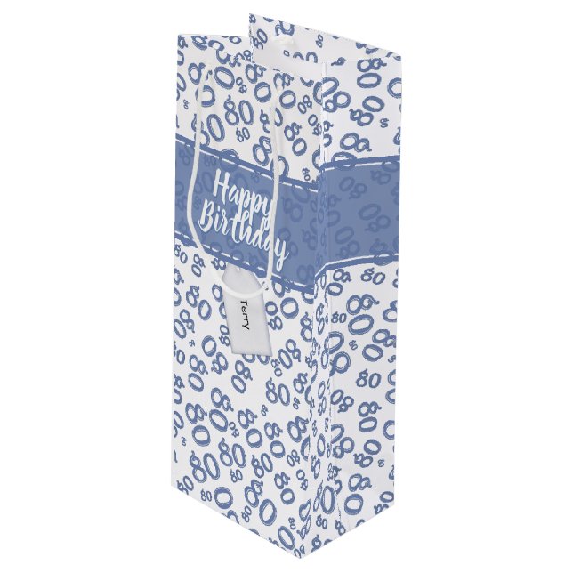 Happy 80th Birthday Blue and White Number Pattern Wine Gift Bag (Front Angled)