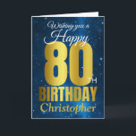 Happy 80th Birthday Blue Gold Card<br><div class="desc">A gorgeous blue and gold effect birthday card. This space themed design is the perfect way to wish someone a 'happy 80th birthday'. Personalize with our own custom name and message. Gold and white typography on a universe background.</div>