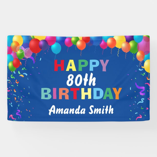 Happy 80th Birthday Colorful Balloons Blue Banner (Horizontal)