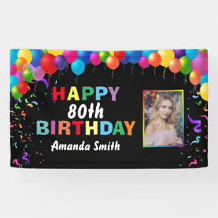 Happy 80th Birthday Colorful Balloons Confetti Banner