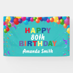 Happy 80th Birthday Colourful Balloons Teal Banner