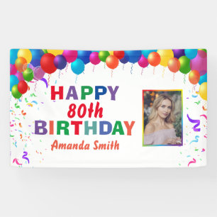 Happy 80th Birthday Colourful Balloons White Banner