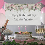 Happy 80th Birthday Feminine Pink Roses Floral Banner<br><div class="desc">A beautifully feminine birthday party banner to celebrate an 80th birthday in elegant style,  this Irresistible floral design is bordered in charming pink roses,  mixed flowers and trailing greenery  All of the text may be personalized for your party,  including the guest of honour's age.</div>