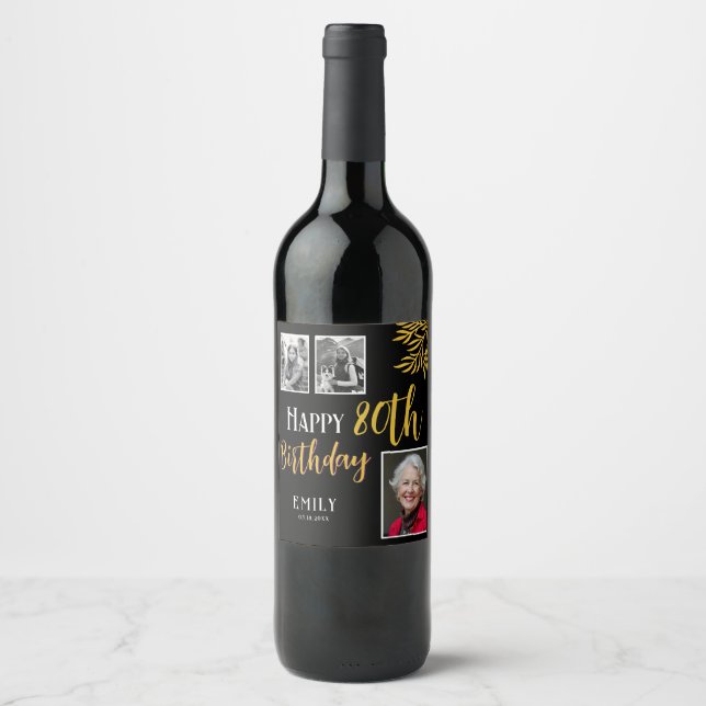Happy 80th Birthday Gold Foliage 3 Photo  Wine Label (Front)