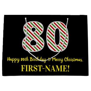 Happy 80th Birthday & Merry Christmas, Custom Name Large Gift Bag