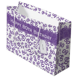 Happy 80th Birthday Number Pattern Purple/White Large Gift Bag