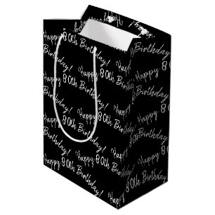 Happy 80th Birthday on black Medium Gift Bag