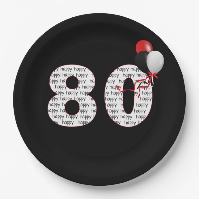 Happy 80th Birthday On Black Paper Plate (Front)