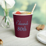 Happy 80th Birthday Party Maroon And Blue Paper Cups<br><div class="desc">He'll love these personalized maroon and light blue paper cups. Celebrate this milestone 80th birthday with matching party tableware. To edit the text click on the personalize button.</div>