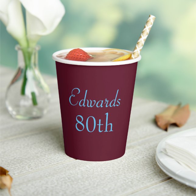 Happy 80th Birthday Party Maroon And Blue Paper Cups (Insitu)