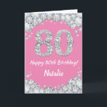Happy 80th Birthday Pink and Silver Glitter Card<br><div class="desc">Happy 80th Birthday Pink and Silver Glitter Card with personalized name. For further customization,  please click the "Customize it" button and use our design tool to modify this template.</div>