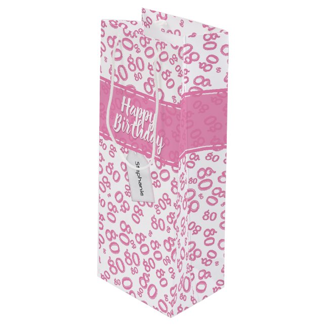 Happy 80th Birthday Pink and White Number Pattern Wine Gift Bag (Front Angled)