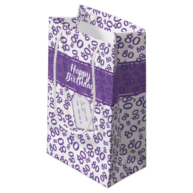 Happy 80th Birthday Purpl and White Number Pattern Small Gift Bag (Front Angled)