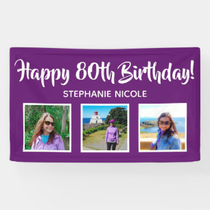 Happy 80th Birthday Purple Personalized 3 Photos Banner