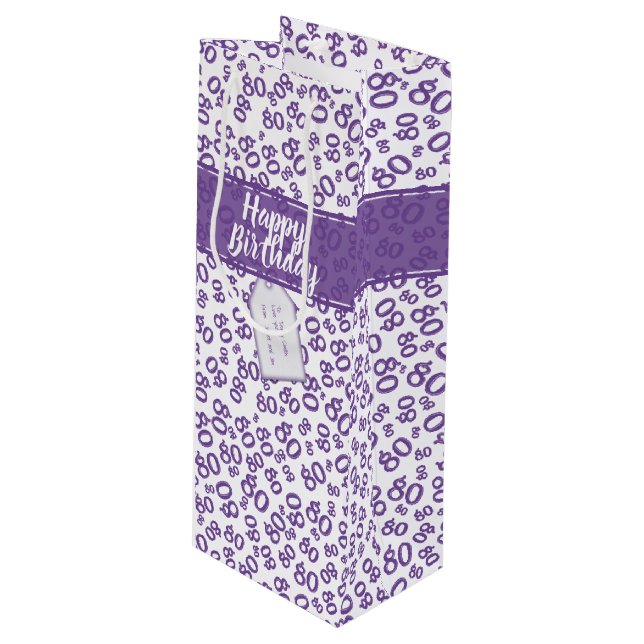 Happy 80th Birthday Purple/White Number Pattern Wine Gift Bag (Front Angled)